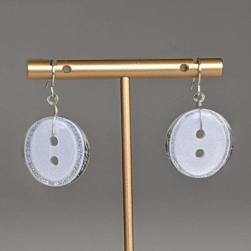 White & Silver Round Button Drop Earrings